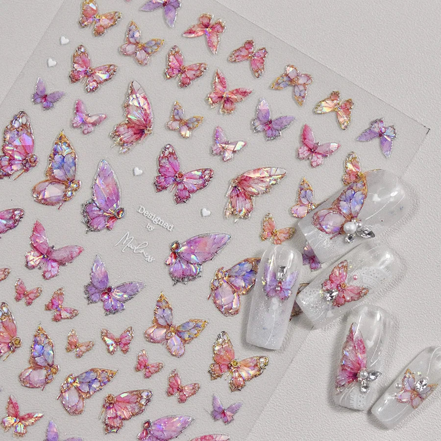 1pcs 5D Luxury Kawaii Butterfly Nail Stickers Japanese Glitter Shell Aurora Nail Art Decorations Decals DIY Manicure Slider Foil