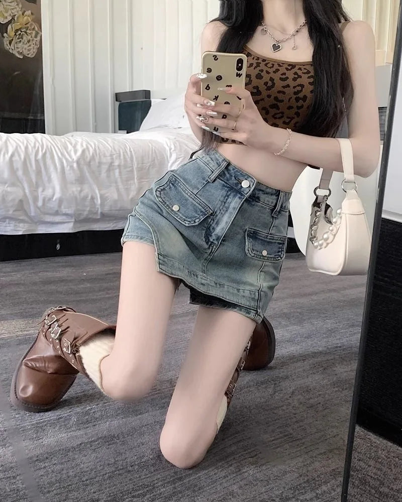Retro Spicy Girl Uneven Denim Mini Skirt High Waist Slim Fit Women's Summer New Style Short Skirt Bodycon Skirt New Style