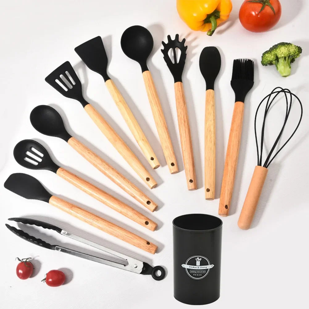 12Pcs Kitchen Utensil Set Silicone Spatula Set Wooden Handle Cooking Tools Kit with Holder Heat-Resistant Cookware for Kitchen