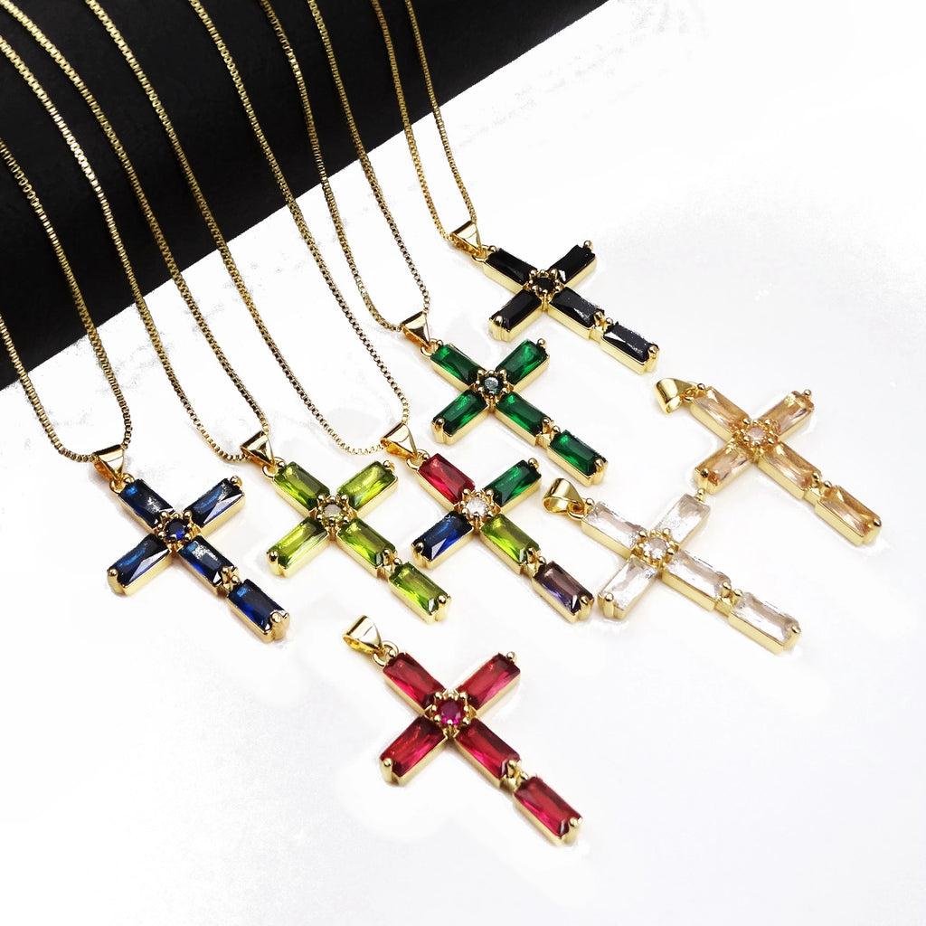 24*37Mm Mix Color Cross Pendant Brass Microlaid Cubic Zirconium Gold Plated Charm Pendant Making Necklaces For Women'S