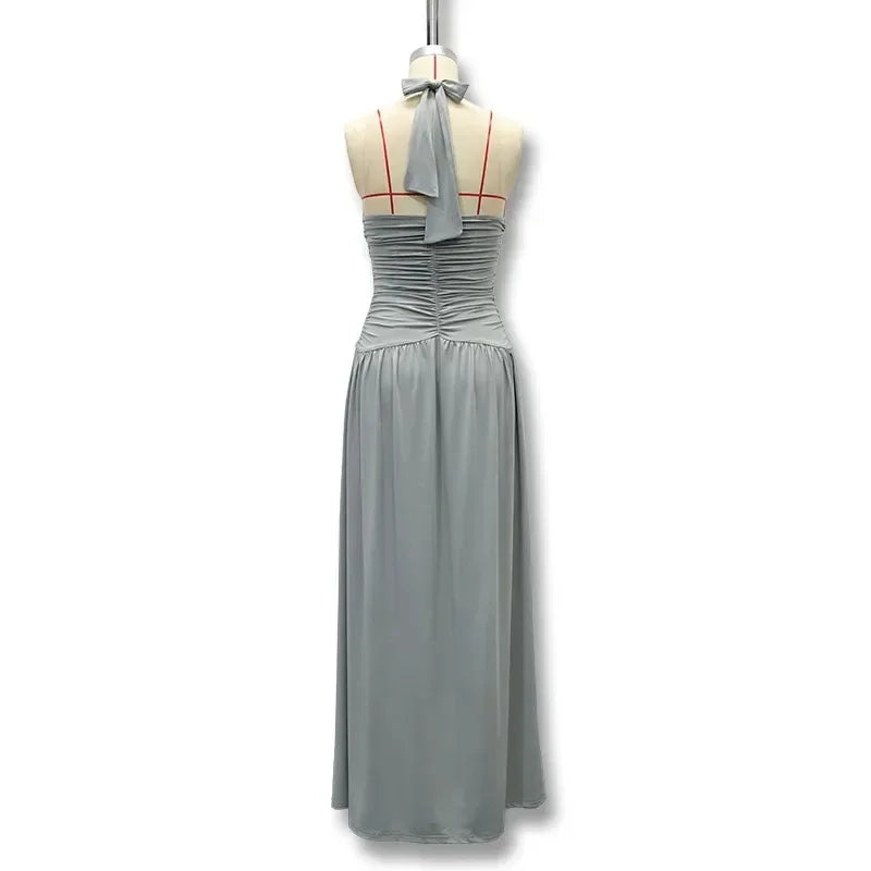 Elegant Strapless Ruched Maxi Dress Sexy Backless Lace Up Cinched Waist Slit Draped Bodycon Dresses Cocktail Party Evening Gown