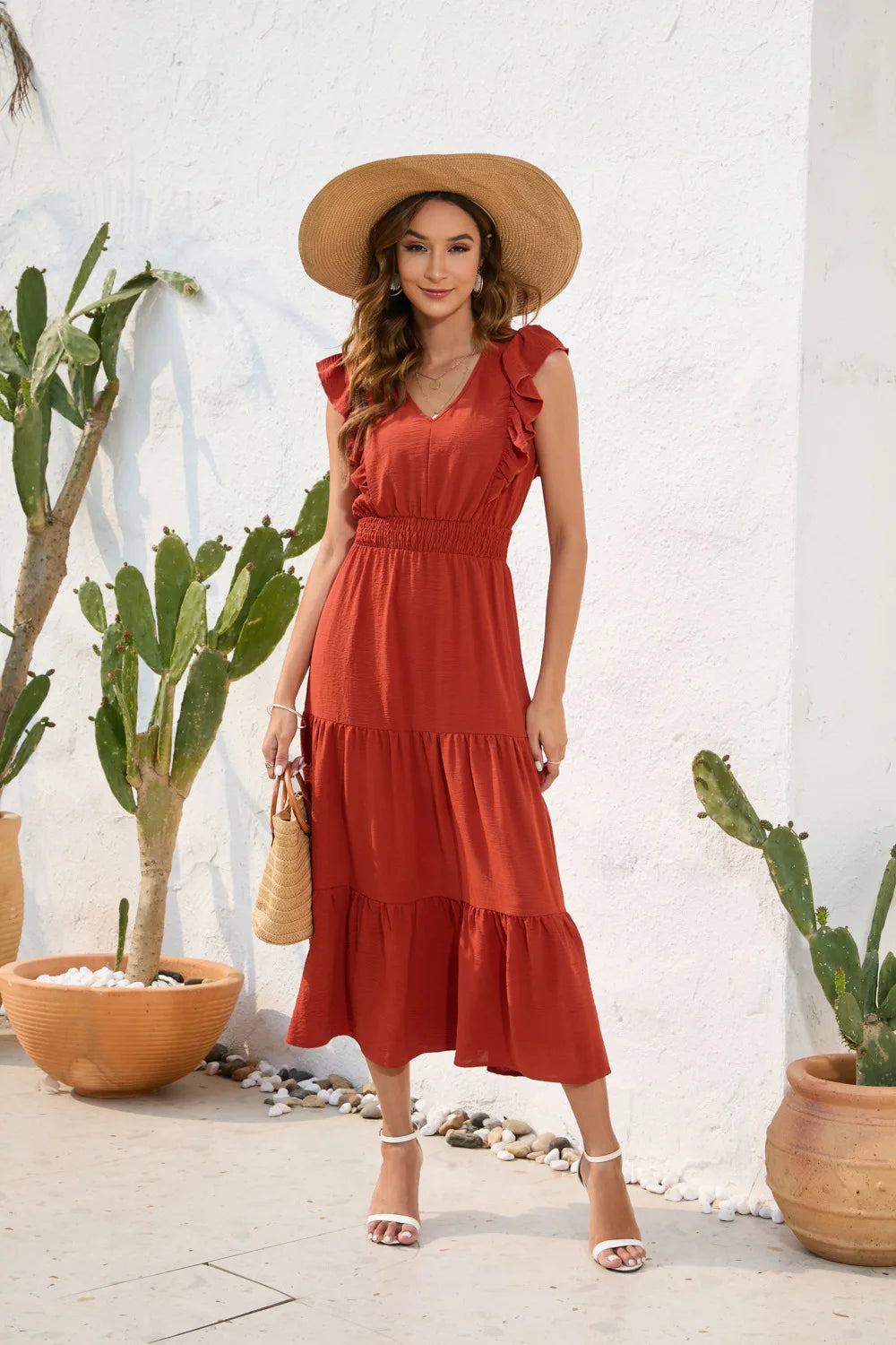 VigoCasey 2026 Summer Female Solid Long Dress Women Sexy Ruffle Sleeveless V Neck Long Dress Lady Casual High Waist Dresses