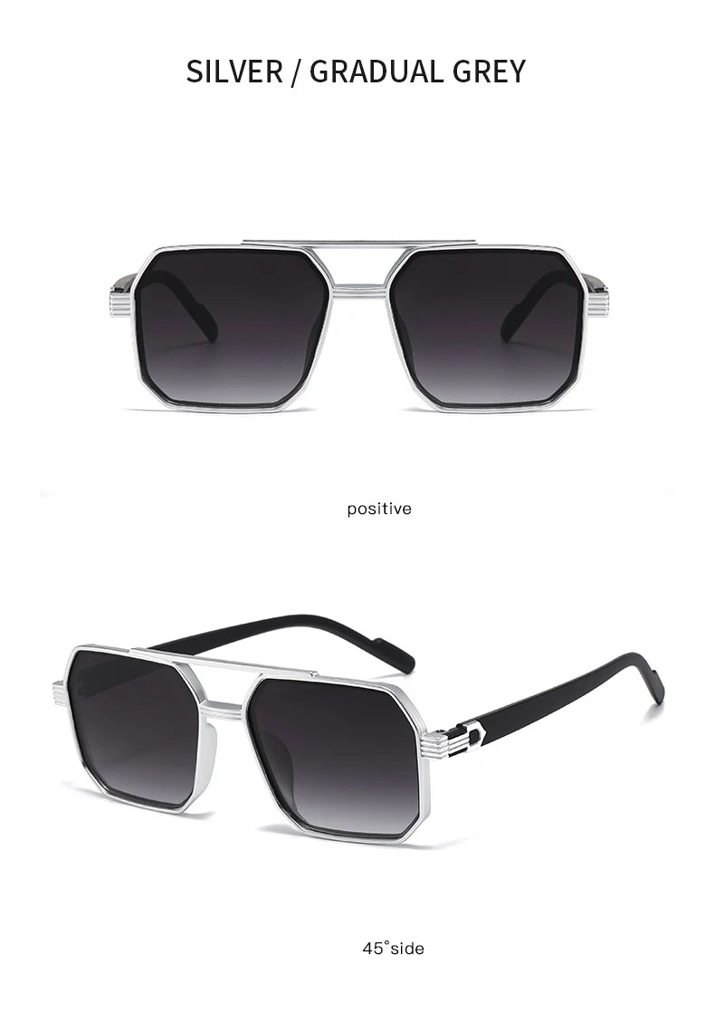 Car Sun Glasses 3pcs Retro Large Frame Square Sunglasses Classic Double Beam Metal Frame Glasses Fashion Men'S Gradient Eyewear