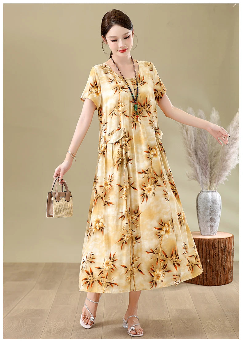 New Fashion Casual Summer Dresses For Women 2026 Loose Plus Size Clothes Elegant printting O-neck Short Sleeve Woman Clothing