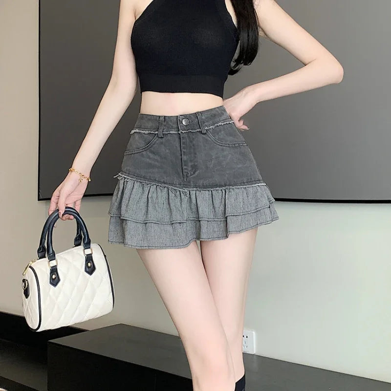 Fashion 2025 New Denim Patchwork Ruffle Denim Skirts Women Summer Retro High Waist Slim Skirts Woman