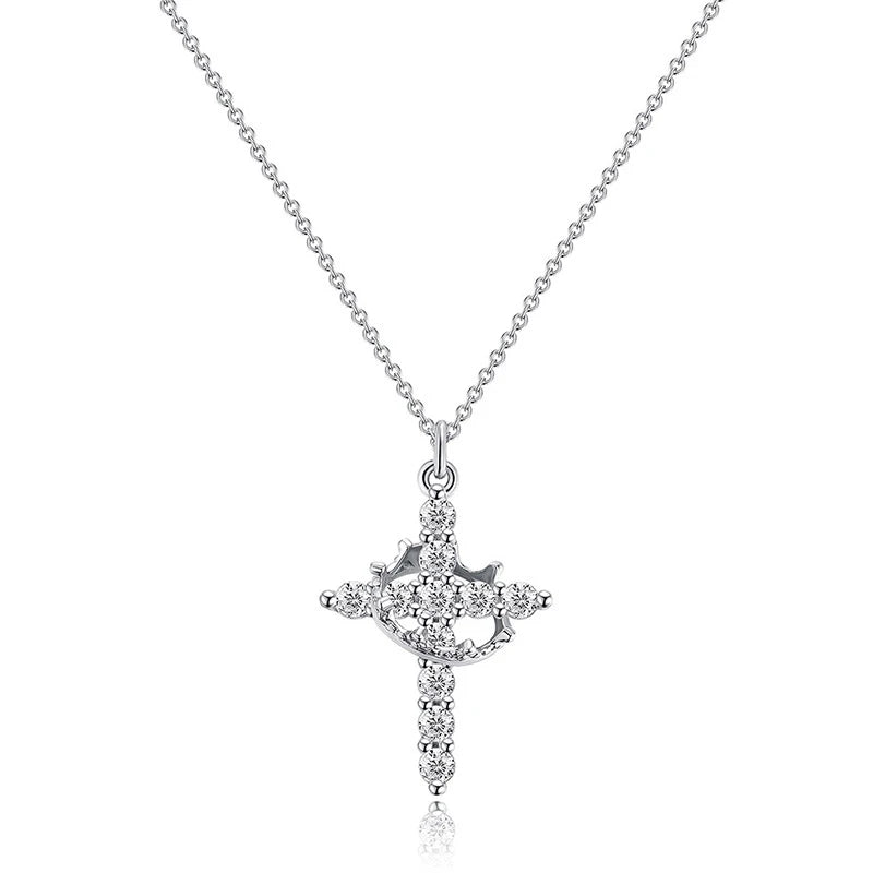 Rotatable Crown Cross Pendant Necklace For Women'S Shiny Rhinestone Stainless Steel Cross Choker Christian Prayer Jewelry