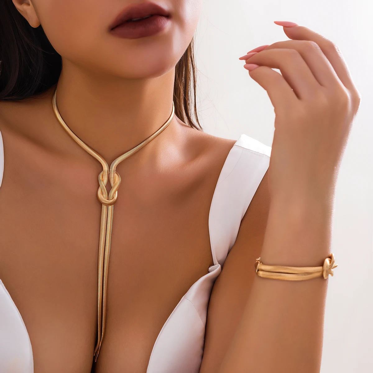 2Pcs/Set Sexy Smooth Long Snake Twisted Chain Necklace Bracelet For Women'S Vintage Goth Tassel Choker Y2K Jewelry Accessories New