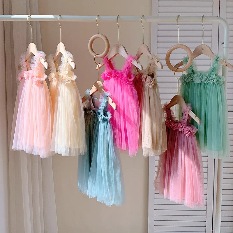 Kids Sweet Mesh Dress 1-6T Summer Children Mesh Tulle Princess Slip Tutu Dresses Girls 6 Colors 3D Flower Mermaid Birthday Dress