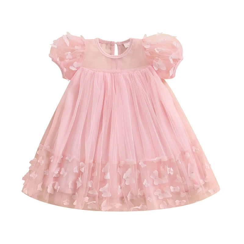 3-8Y Kid Girl Tulle Dress 3D Butterfly Short Sleeve Square Neck Mesh A-Line Dress for Spring Summer