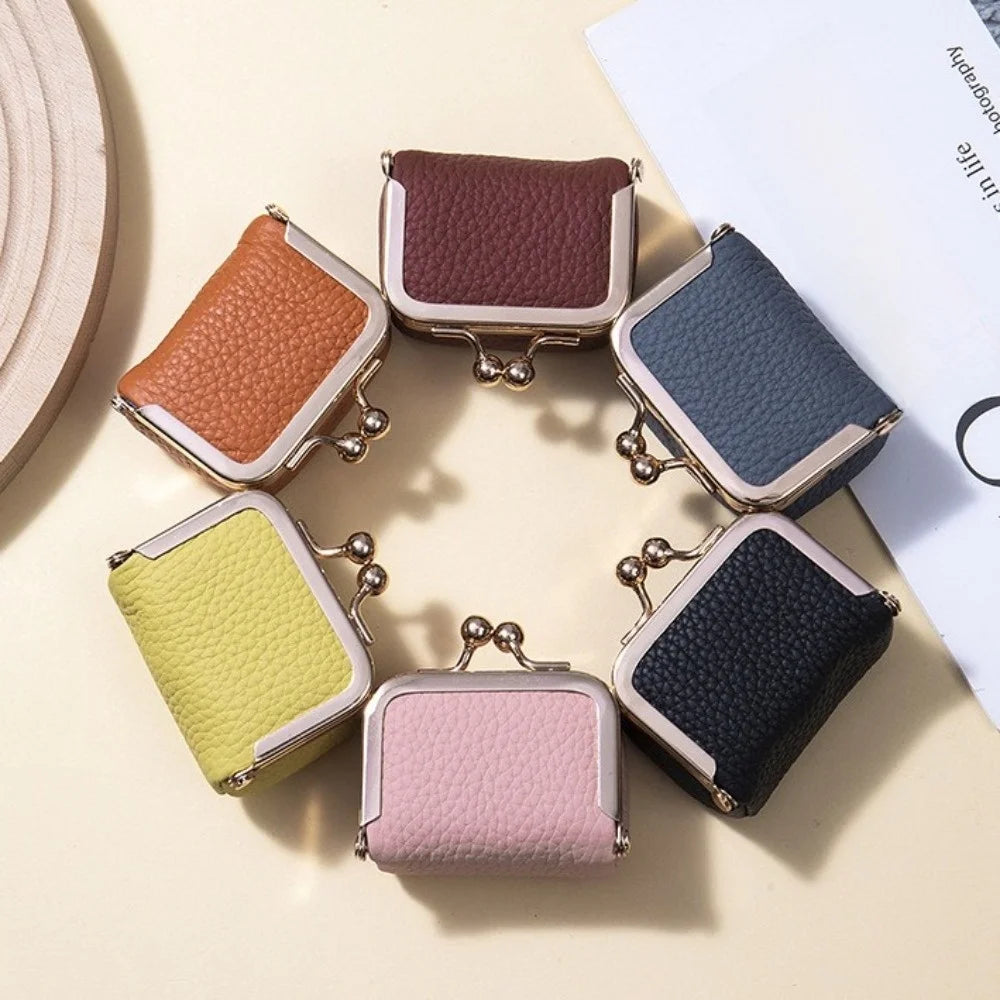 Wallet Genuine Leather Kiss Lock Coin Purse Solid Color Square Leather Jewelry Bag Multifunctional Mini Small Item Bag Earrings