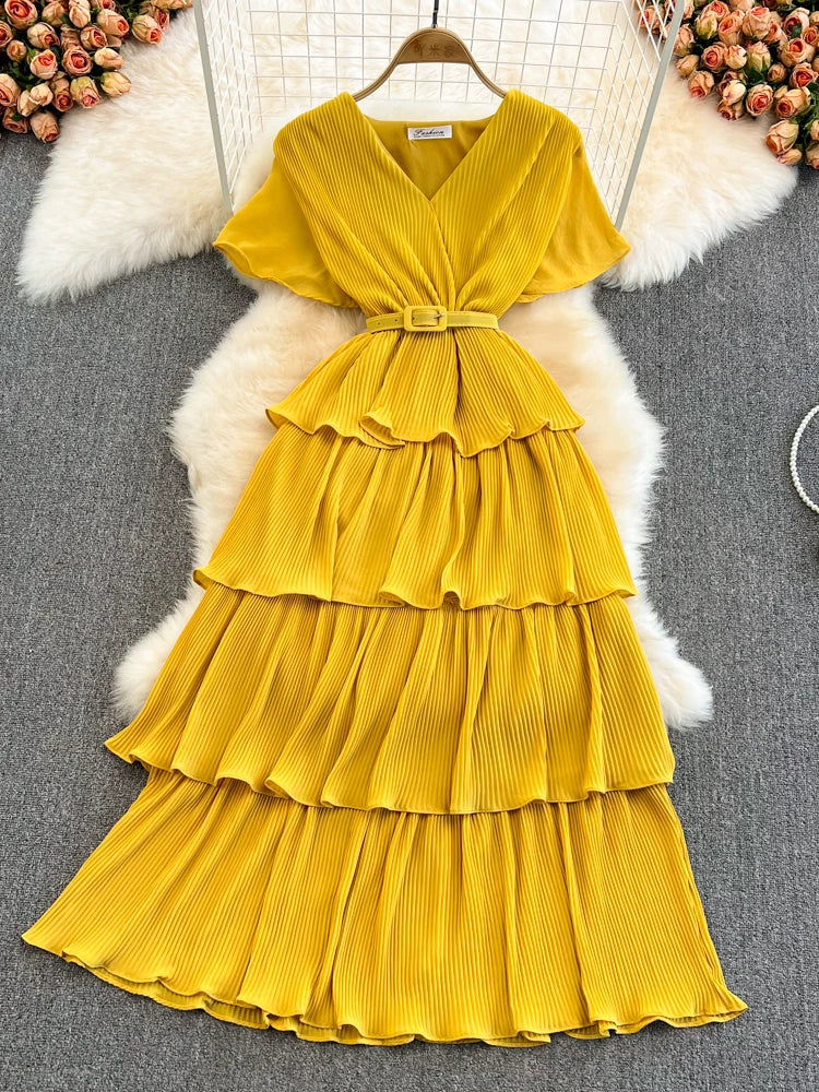 Beach Vaion Vintage Women's V-ne High-waist Cake Dr Ele Aosphere Maxi Skirt Loose Fit ort Sve Ci Commute