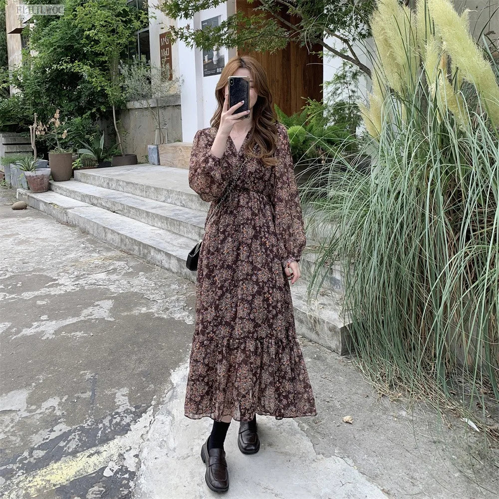 Chic Korean Clothes Design 2022 Autumn Spring Womens V Neck Elegant Lady Floral Printed Retro Vintage Long Maxi Dress