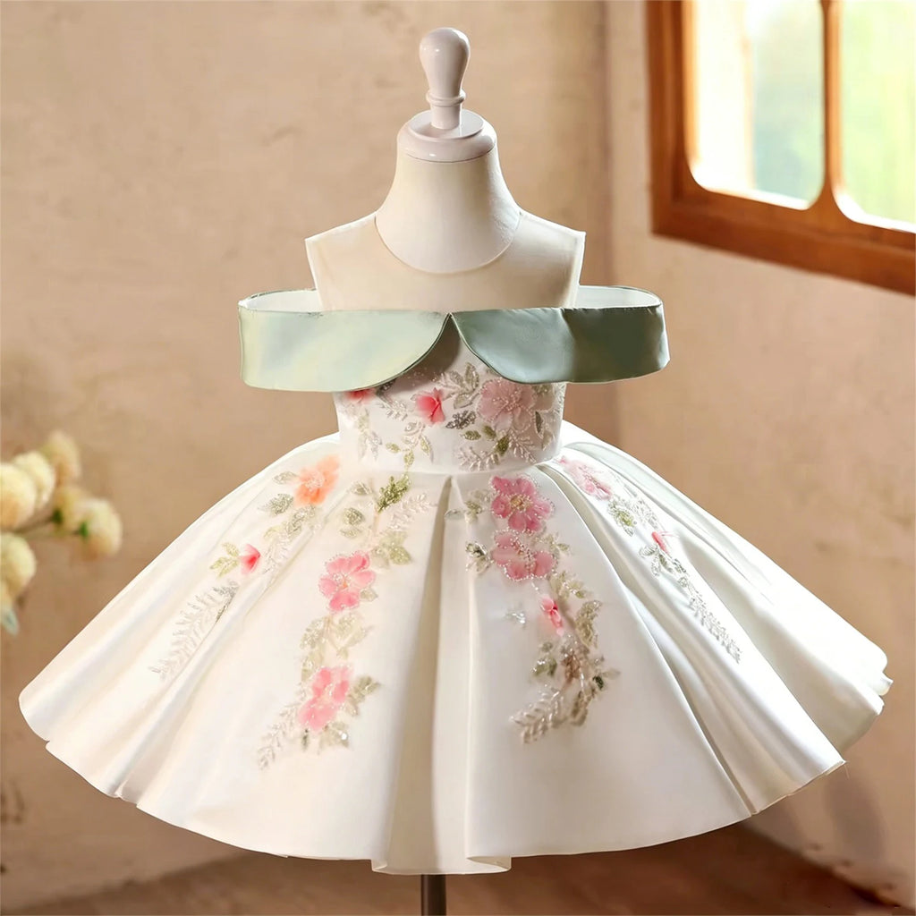 Dreamy Vow D289 White Floral Flower Girl Dress Mint Green Bow Princess Gown Off Shoulder Tulle Wedding Party Bridesmaid Dress