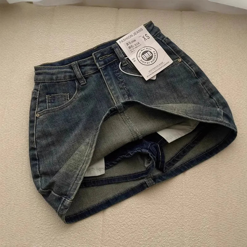 Retro High Waist Denim Mini Skirt with Pockets and Safety Shorts