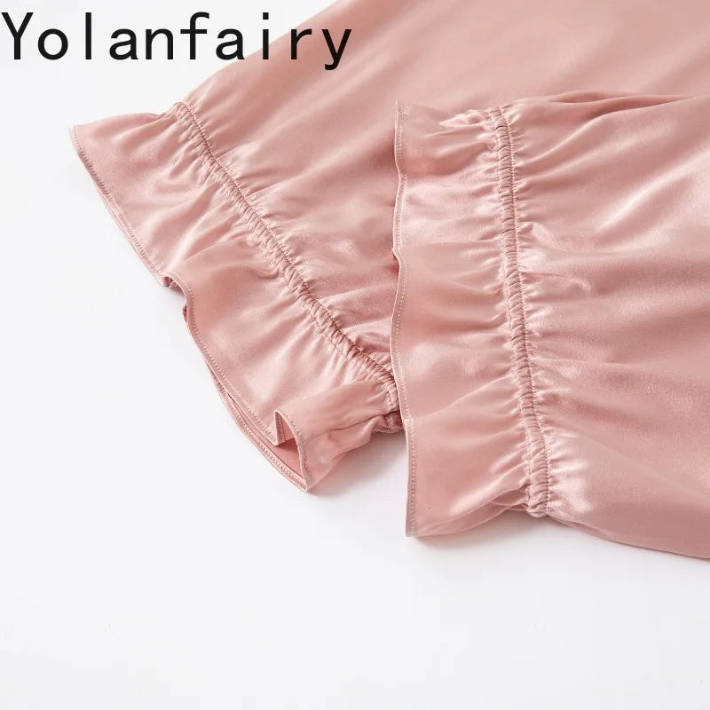 YOLANFAIRY 93% Real Mulberry Silk Pajamas for Woman 2026 Spring Summer High-end Sets Woman 2 Piece Short Sleeve Pijamas De Mujer