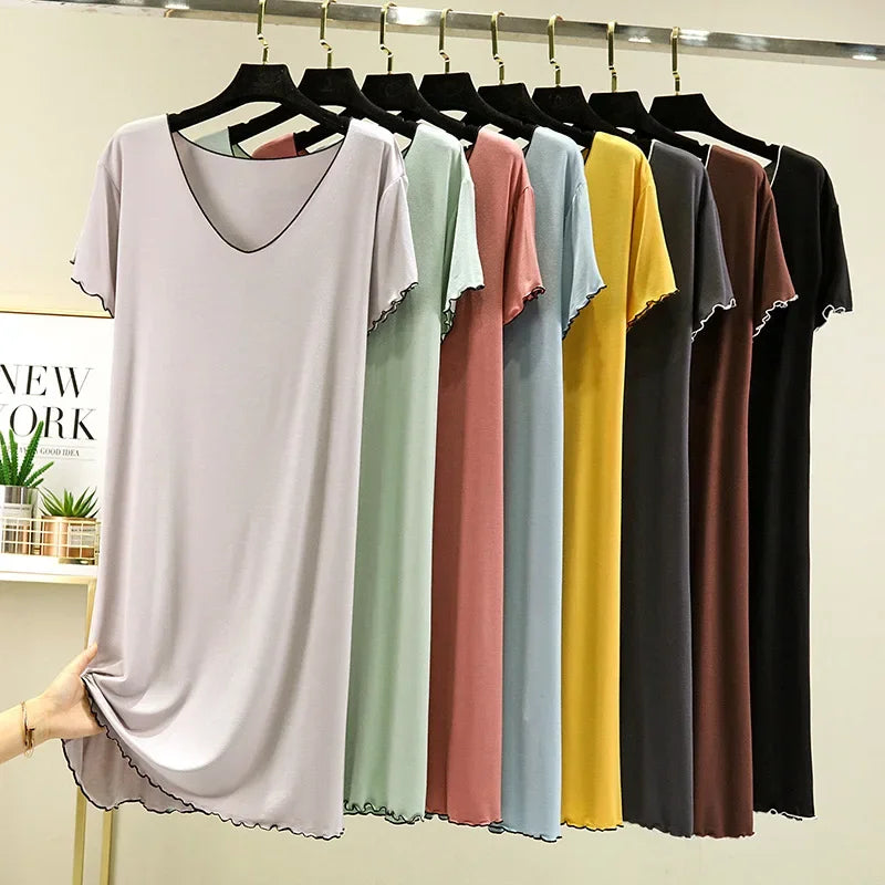 Loose Casual Modal Short Sleeve Dress V-Neck Base Skirt Thin Summer Floral Edge Sleep Dress Versatile Summer Dress