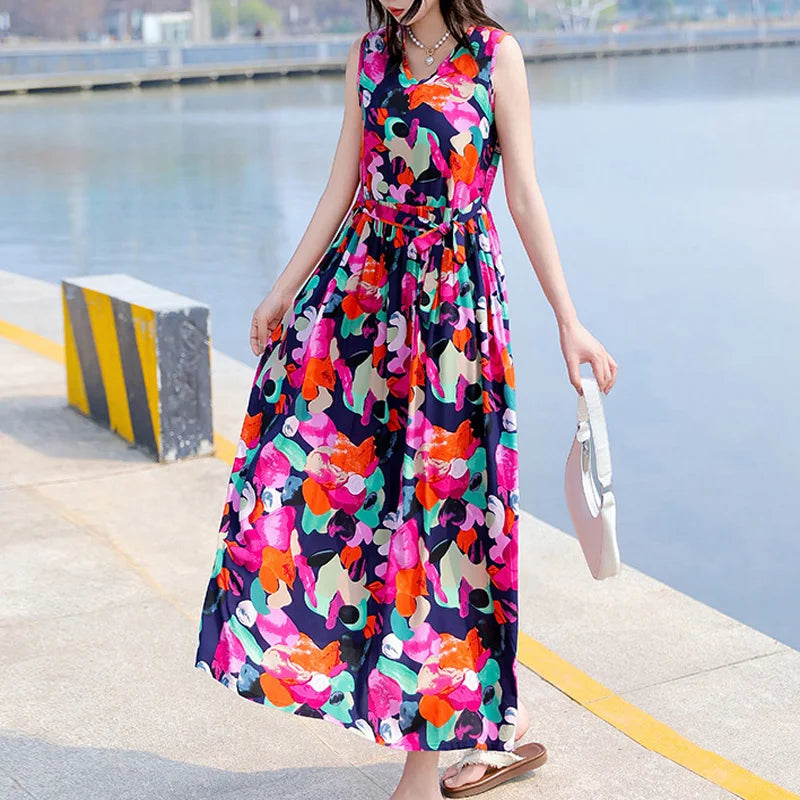Spring Summer Dresses Fashion Female Sleeveless printed Casual Dress Women A-line Dresses Vestidos