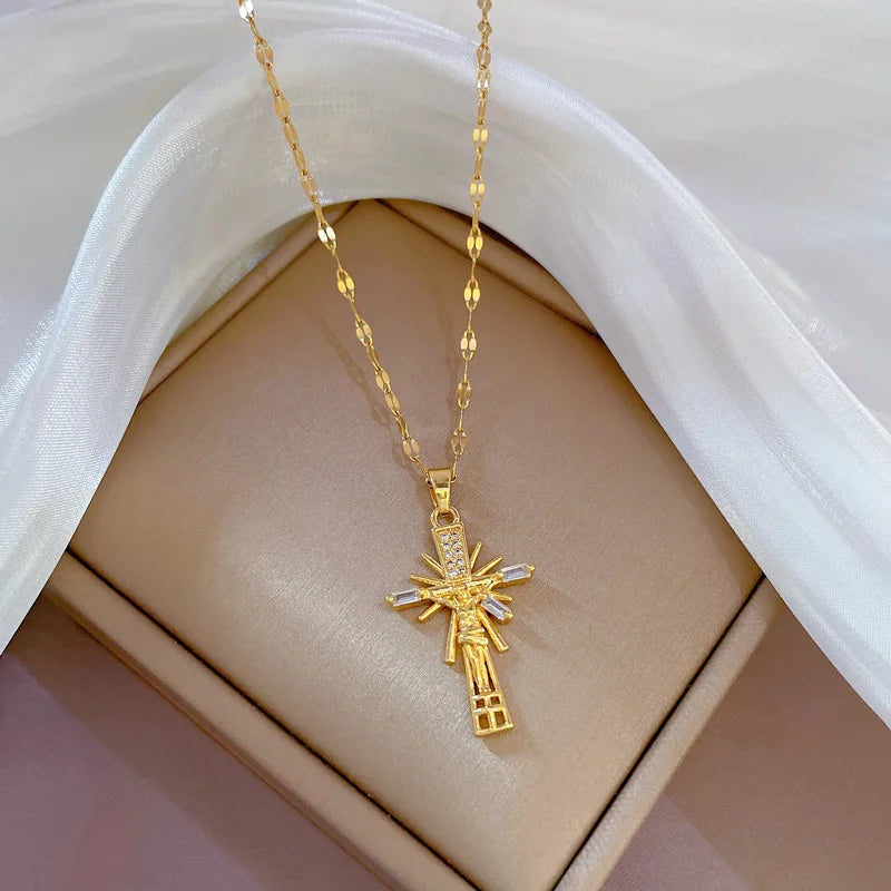 Full Zircon Cross Necklace for Women Gold Color Anti-Tarnish Titanium Steel Jewelry