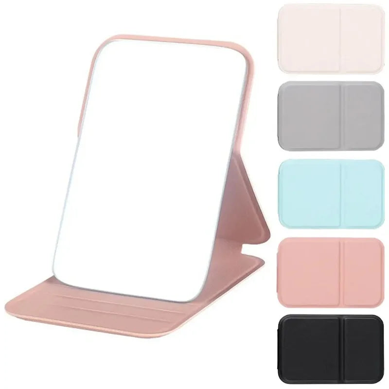 Desktop Makeup Mirror Foldable Portable PU Leather Compact For Students With Cute Solid Color