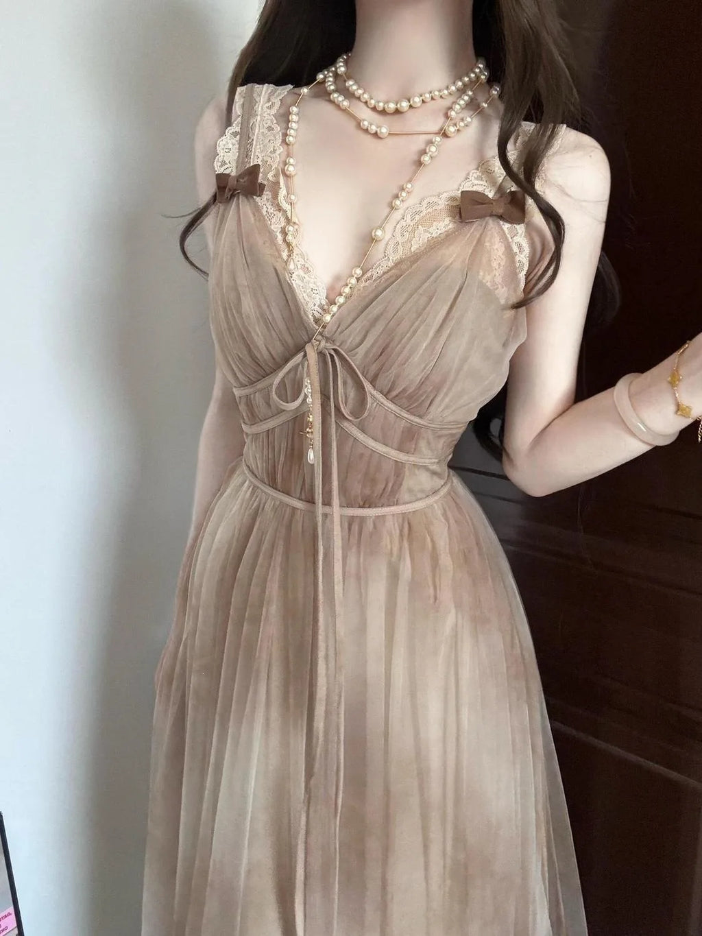 Chunshan Yuan Dai Lace Sleeveless Dress Net Collar Women's Summer New Style Casual Long Sleeve Dress with Inner Lace Shirt