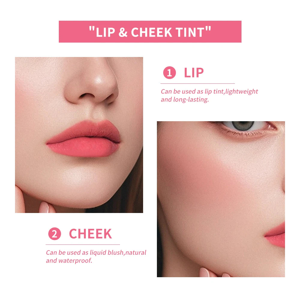 Lip Tint Stain 2 IN 1 Long Lasting Waterproof Lightweight Non-sticky Lipstick Transfer-Proof Matte Finish Liquid Blush Lip Gloss