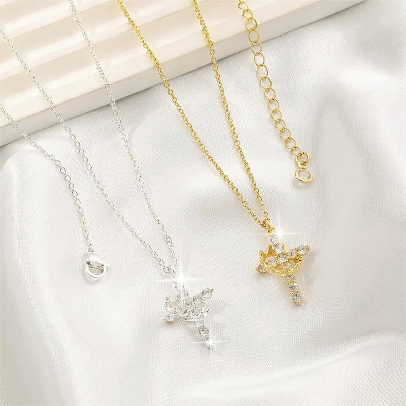Rotatable Crown Cross Pendant Necklace For Women'S Shiny Rhinestone Stainless Steel Cross Choker Christian Prayer Jewelry