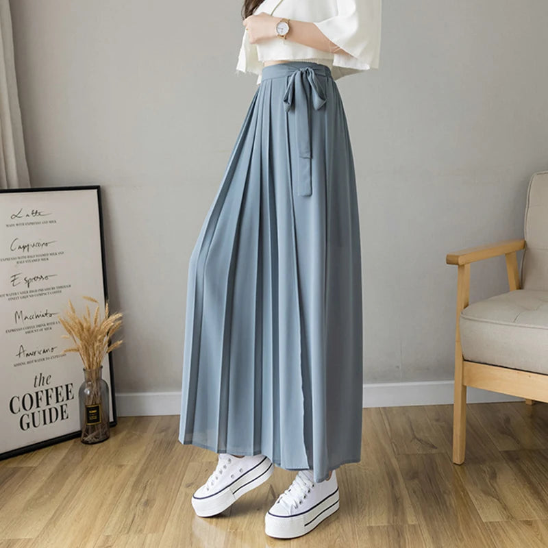 Summer Elastic Pleated Skirt Women Chiffon Trouser Skirt High Waist Casual Wide Leg Pants Fashion Streetwear Pants Pantalones