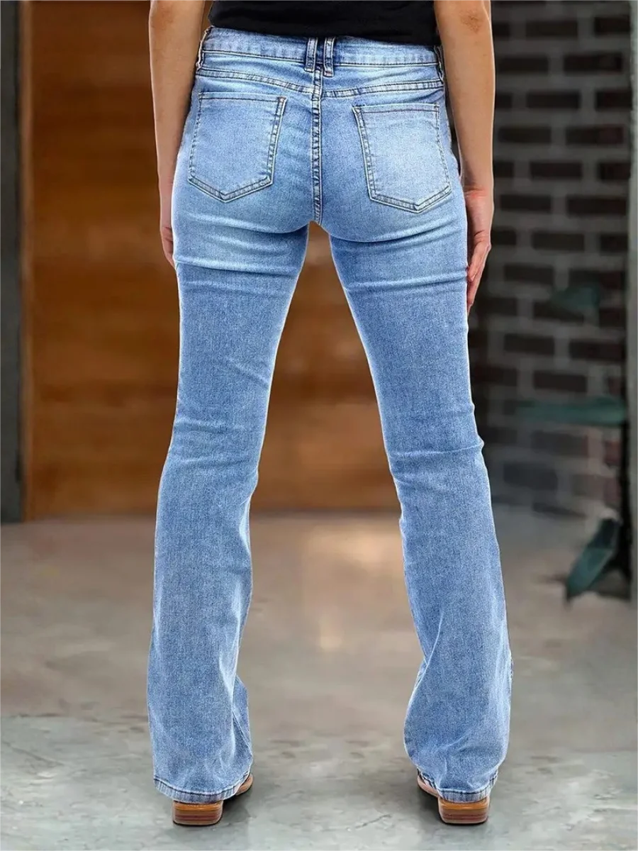 【HME】Jeans | Women Mid‑Rise Flared Denim Pants, Zipper Decor Pocket Bootcut Denim Jeans, Light Washed Faded Finish, Side Stitch Detail, Stretchy Slim‑Fit Pants For Daily And Retro Y2K Style Outfits