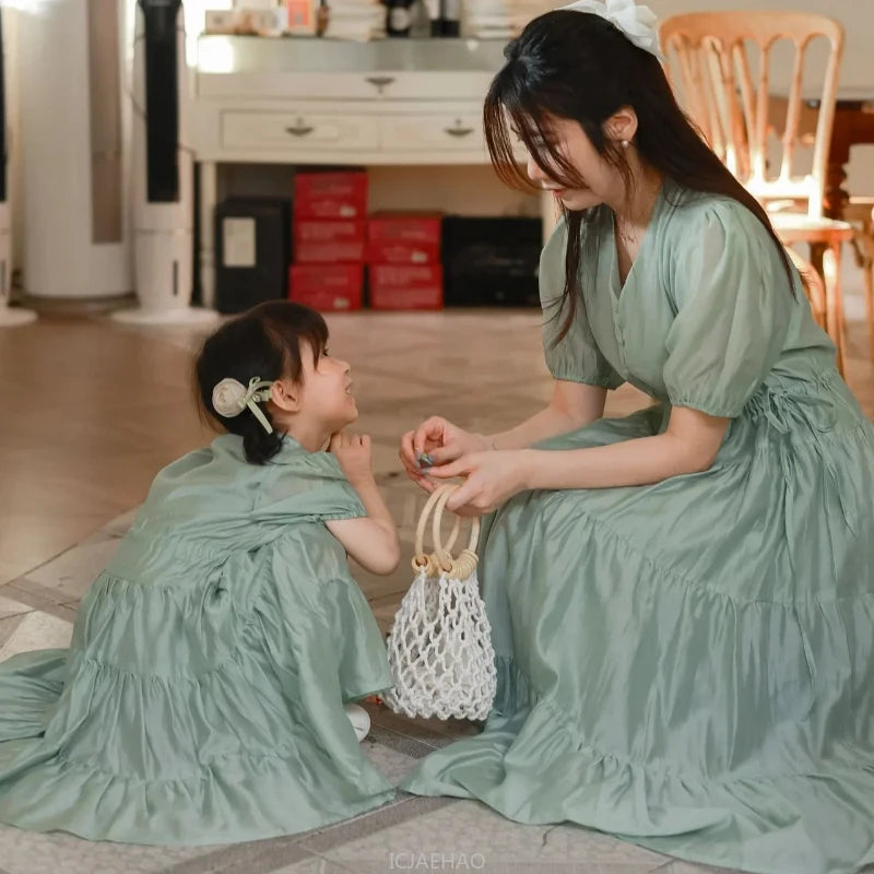 Mommy & Me Matching Dresses – White Green