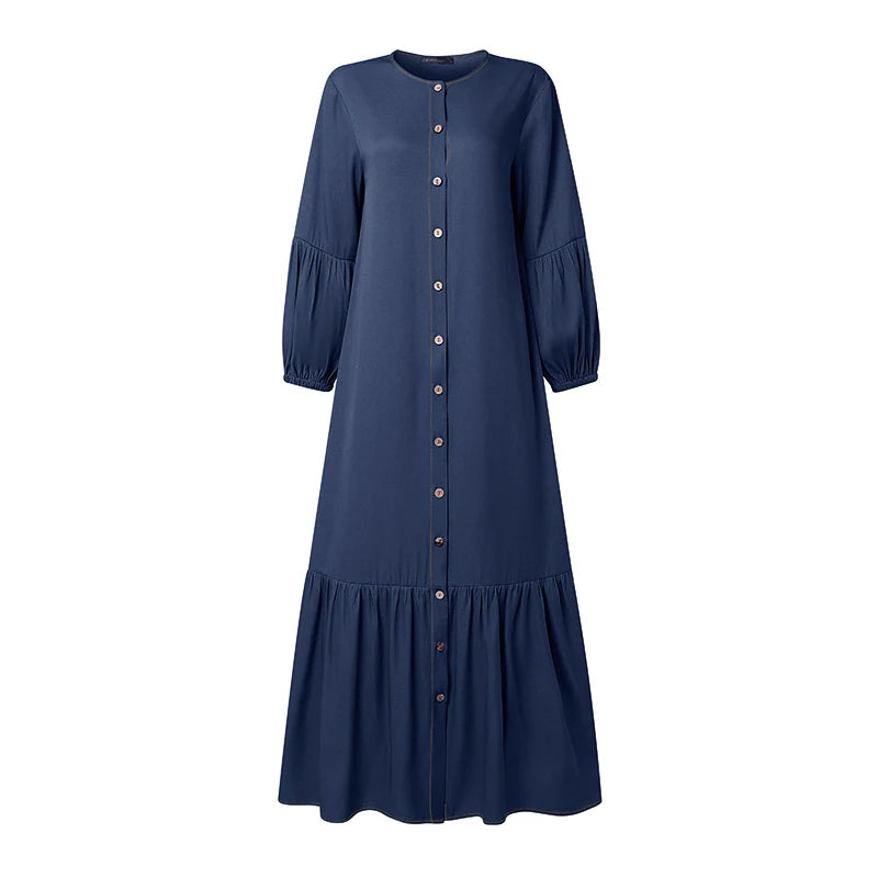 Modest Fashion Women Denim-Like Maxi Dress O-Neck Lantern Sleeve Button Up Abaya Robes ZANZEA Muslim Islamic Hijabis Kaftan