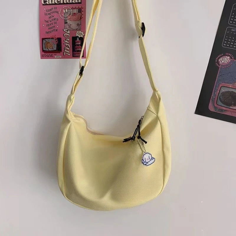 Canvas Crossbody Bag, Large Capacity Casual Shoulder Purse with Cute Bag Charm, Adjustable Strap for Teen School Sling Bag