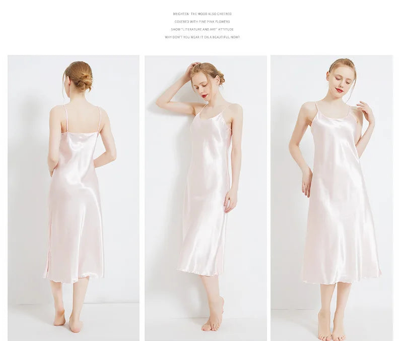 Summer Women Solid Plus Size Ice Silk Sexy Long Spaghetti Strap Nightgown Side Slit Close Fitting Sleep Dress Lingerie Sleepwear