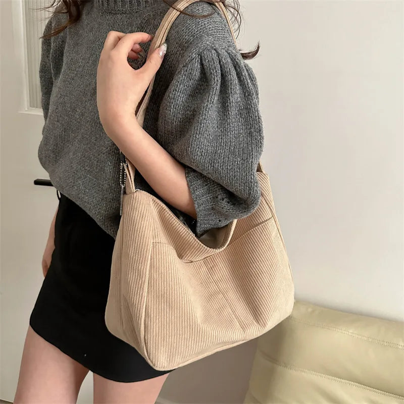 Women’s Corduroy Shoulder Bag, Casual Striped Large Capacity Tote with Zipper Closure, Cute Hat Patch, Perfect for Everyday Use