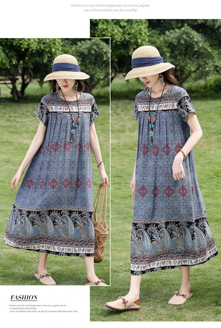 New Fashion Casual 2025 Summer Elegant Dresses For Women O-Neck Print Vintage Short Sleeve Dress Loose Women Clothing