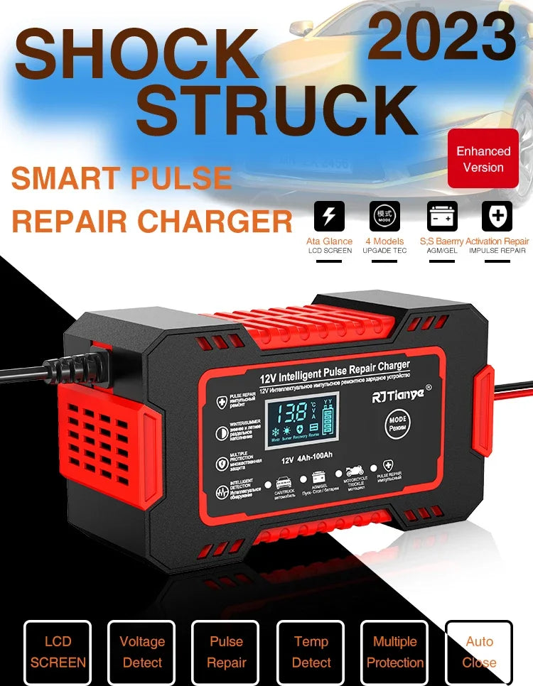 EAFC 12V 6A Full Automatic Car Battery Charger Digital Display Battery Charger Power Puls Repair Chargers Wet Dry Lead Acid