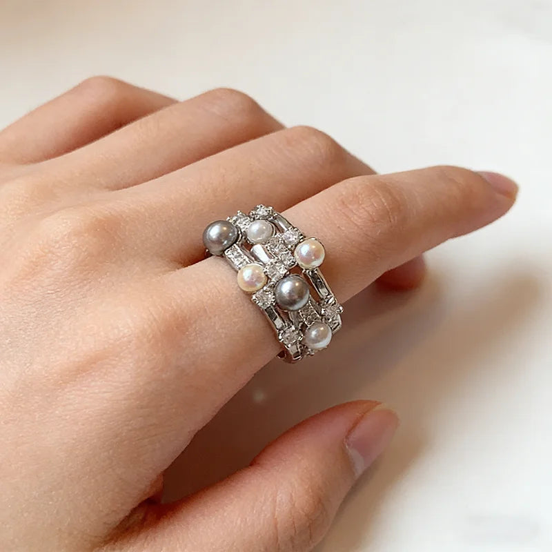 Cold Wind Imitation Pearl Zircon with Multi Layer Metal Open Rings 2026 Gothic Girl's Trendy Jewelry Luxury Jewelry For Women