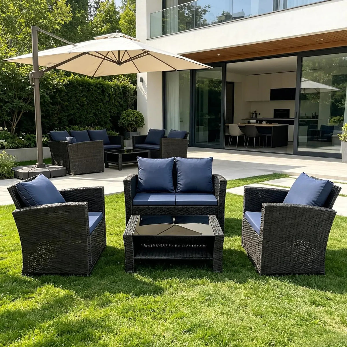 4 Piece Wicker Patio Sectional Sofa Set with Tempered Glass Table for Garden Porch Balcony, Customized