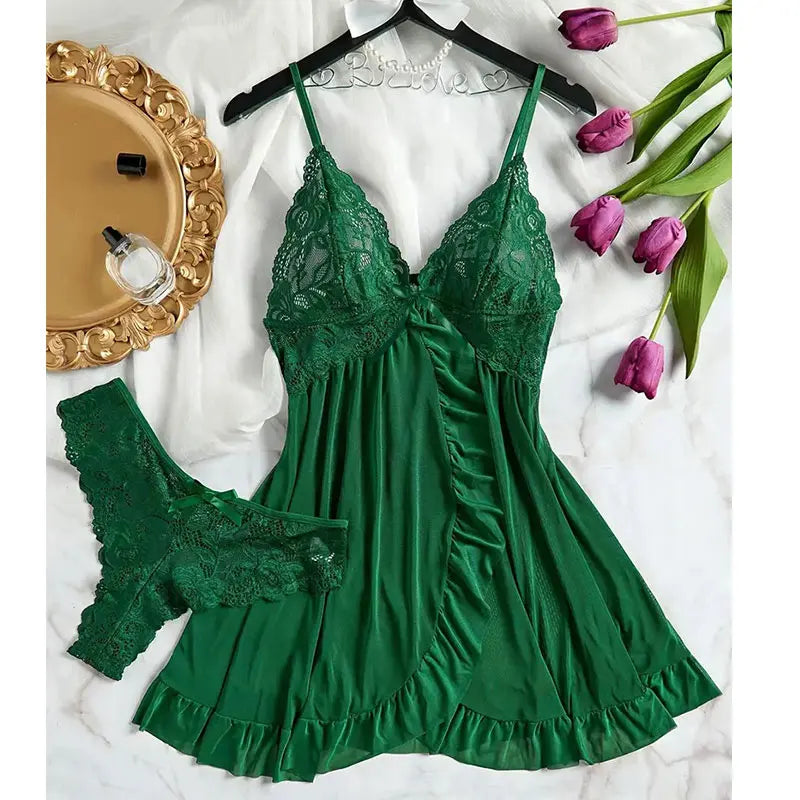 Women's Lace Nightdress Sleepwear Solid Slim Soft V Neck Full Slip Dress