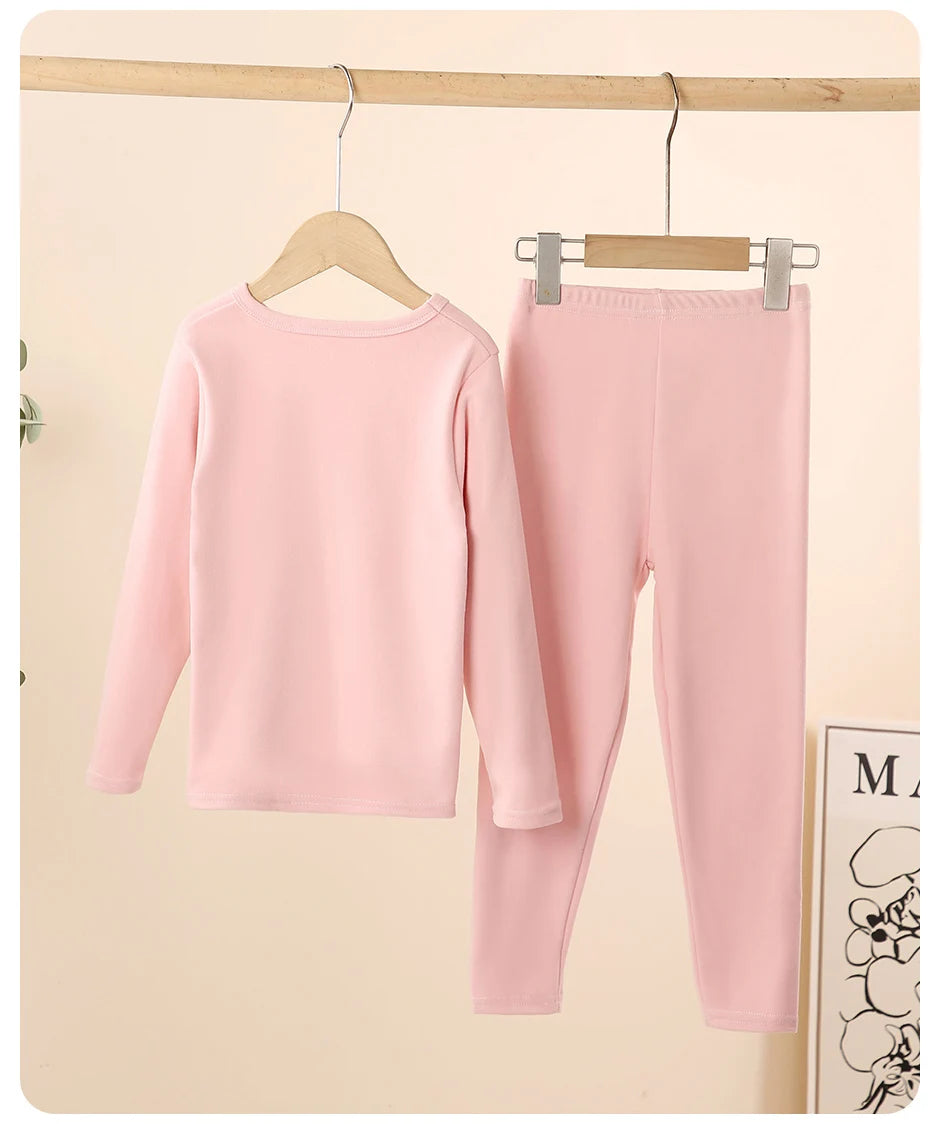 Unisex Children's Solid Color Thermal Long Johns 2-Piece Set