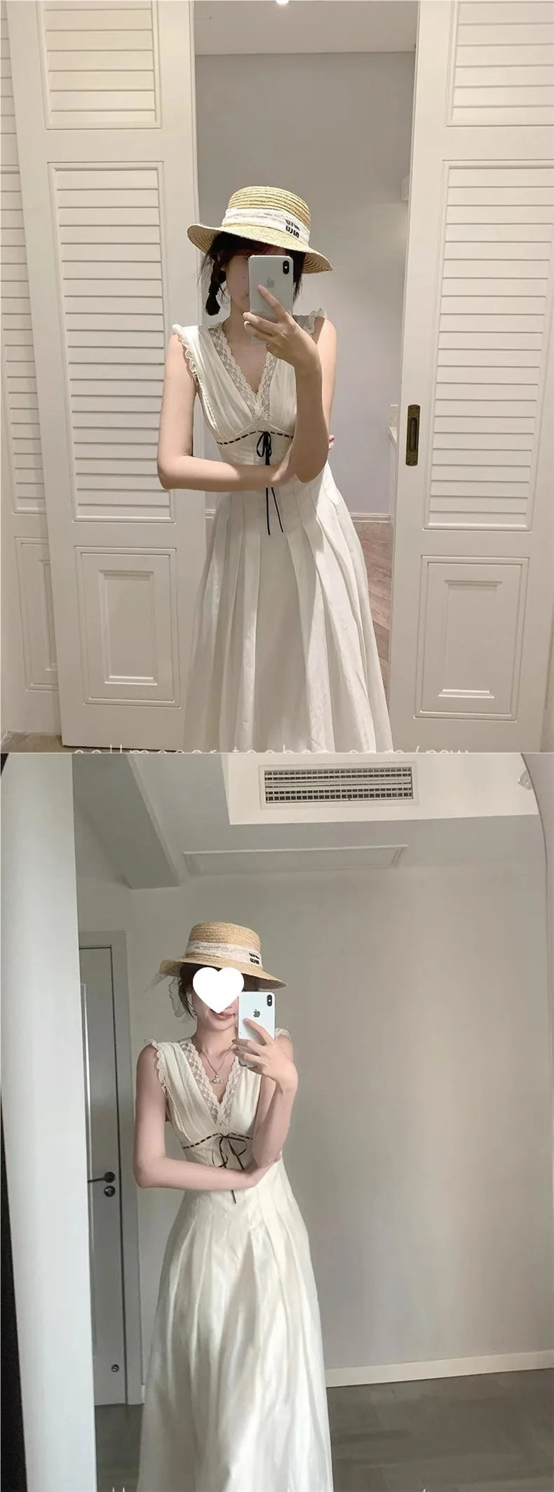plus Size French Collar Lace Splice Sleeveless Dress Women Summer Slimming Long Dress Waist Cinched V Neck Knitted Fabric