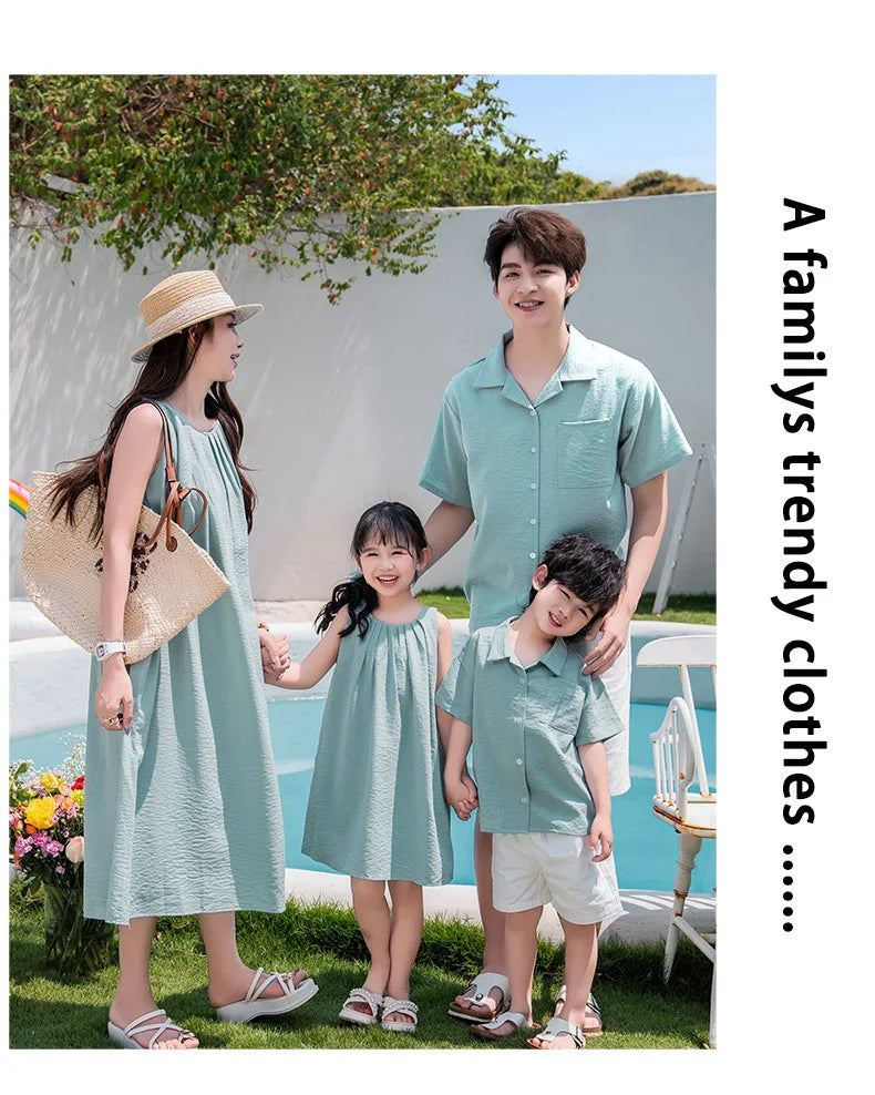 Vacation Family Matching Couple Outfit Dad Son Beach Shirts Mom Daughter Loose Dress Korean Parent-child Sister Brother Clothes