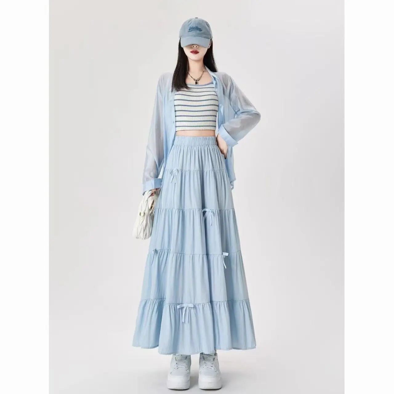 2026 New Streetwear Spring Summer Women's Skirts Vintage High Waist Elastic Patchwork White Black Chic Long Cake A-line Skirt