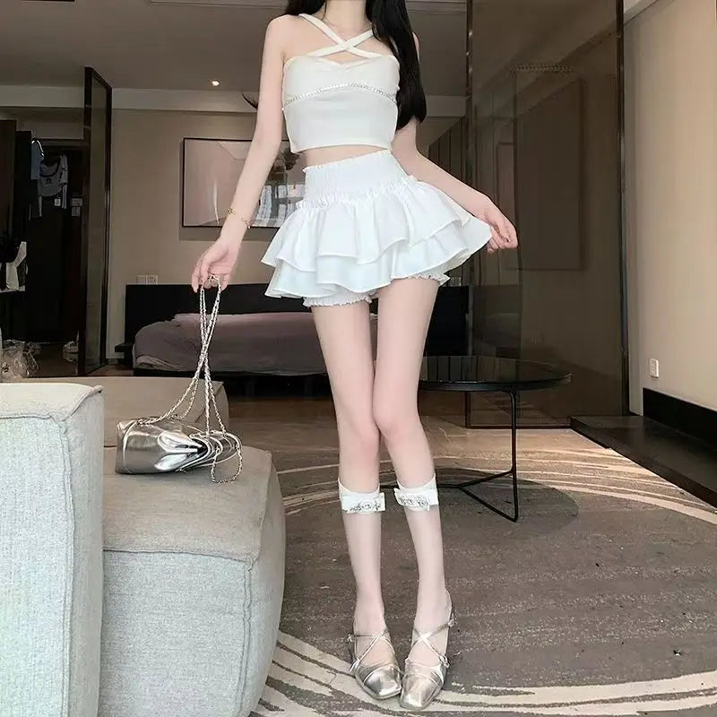 Japanese Y2k Cute Ruffled Plaid Skirt Subculture White Lace Cake Skirts Preppy Casual New Women Princess Puffy Skirts Mini Skirt