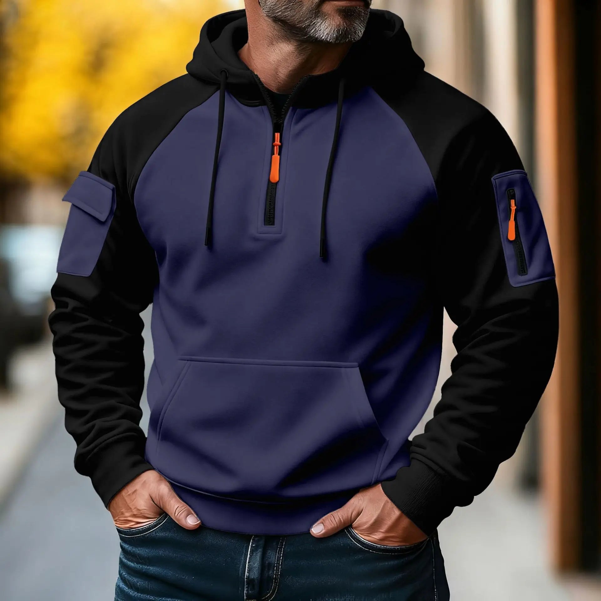 Spring and Autumn Men's Fashionable workwear casual sporty zipper long-sleeved hooded pullover with multiple pockets