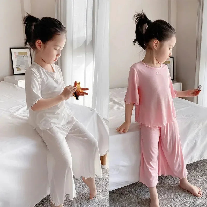 Sonkpuel Girls' 2-Piece Ice Silk Pajama Set - Short Sleeve Casual
