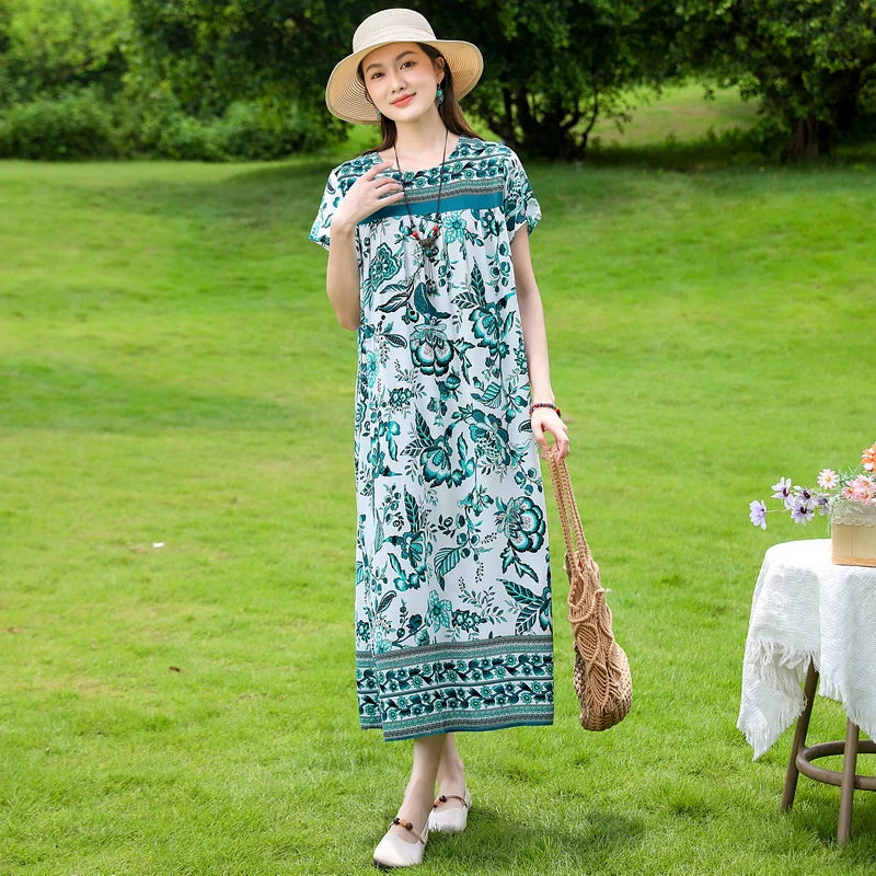 New Fashion Casual 2025 Summer Elegant Dresses For Women O-Neck Print Vintage Short Sleeve Dress Loose Women Clothing
