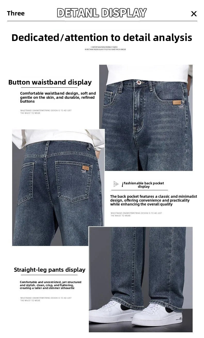 Black Casual Elastic Wide Leg Jeans Men's Loose Straight Fit Jeans Trendy Autumn Winter Long Pants Korean Style Basic Model