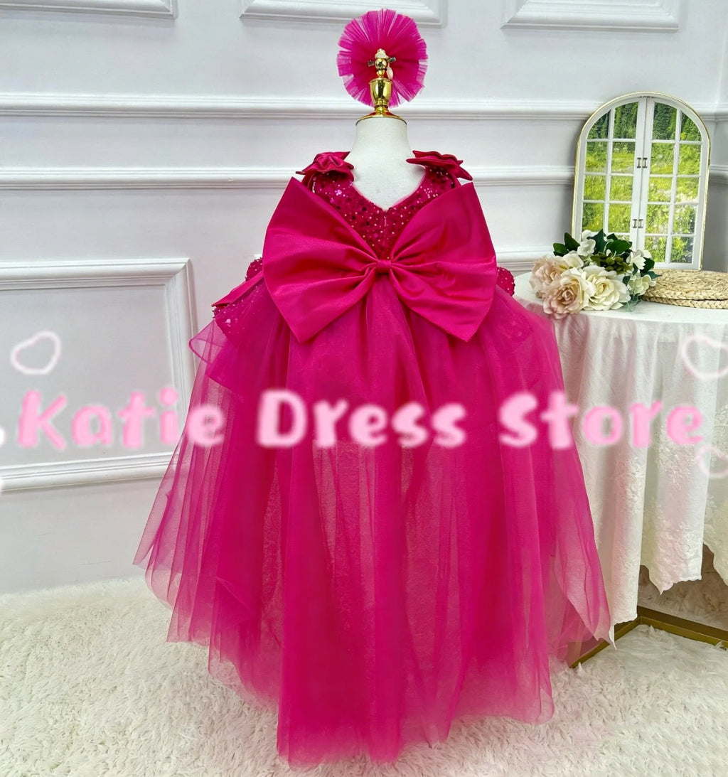 Customized Shiny Flower Girl Dress For Wedding Tulle WIth Bow Puffy Sequins Puffy Kids Birthday Party First Communion Ball Gowns