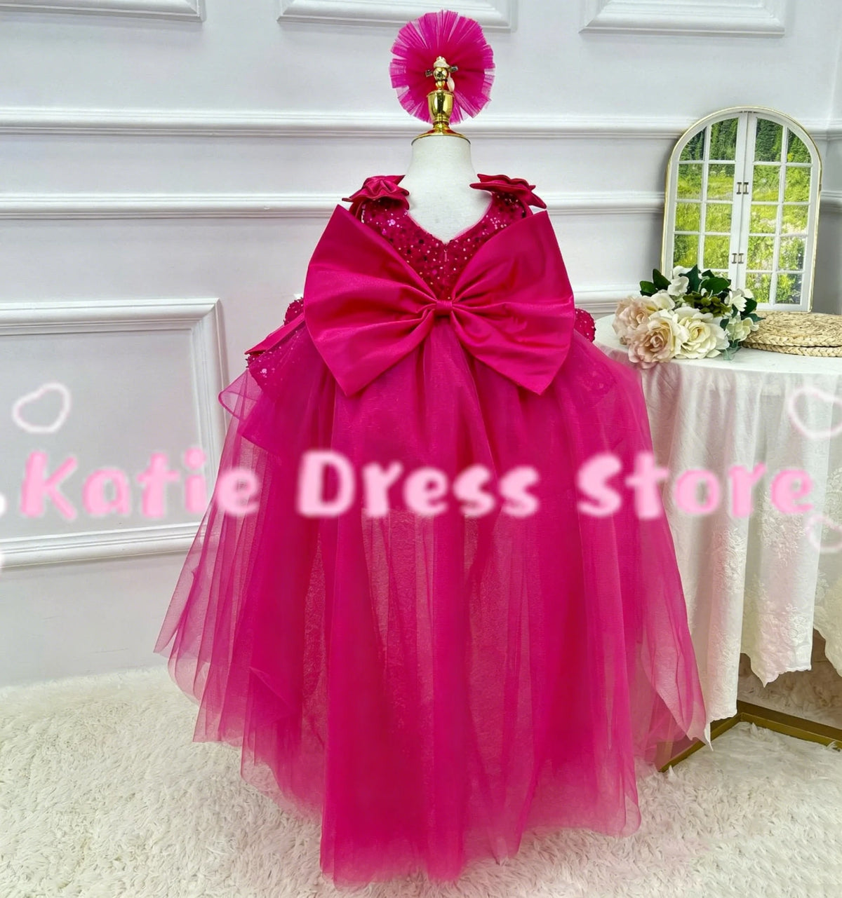 Customized Shiny Flower Girl Dress For Wedding Tulle WIth Bow Puffy Sequins Puffy Kids Birthday Party First Communion Ball Gowns