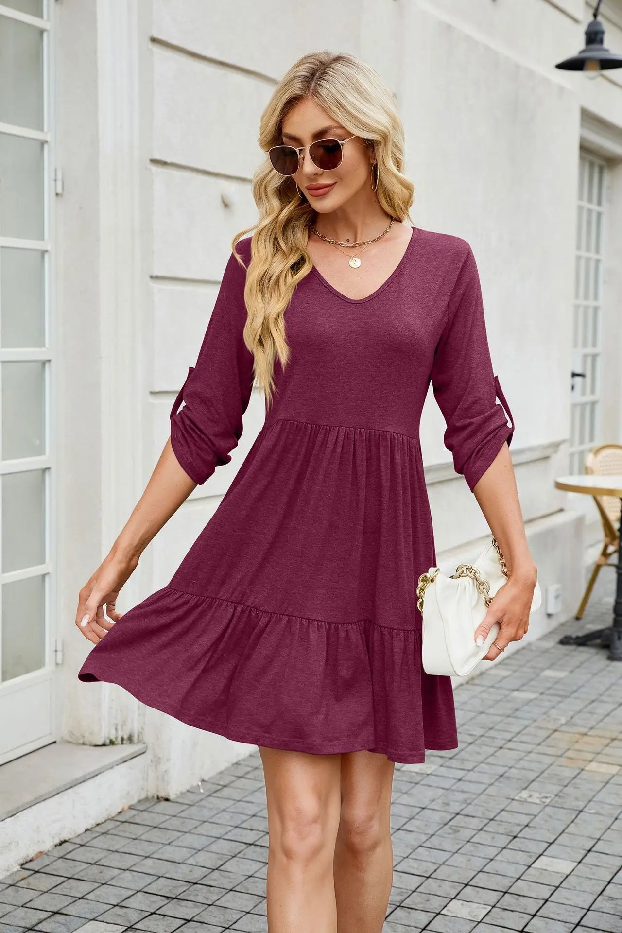Women Spring Summer Loose 3/4 Sleeve V-Neck Ruched Ruffled Flowy Midi Dress EU US